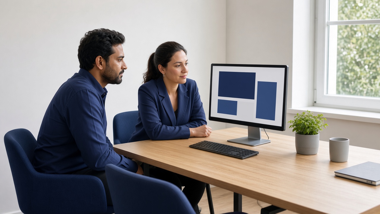two people reviewing a simple page layout